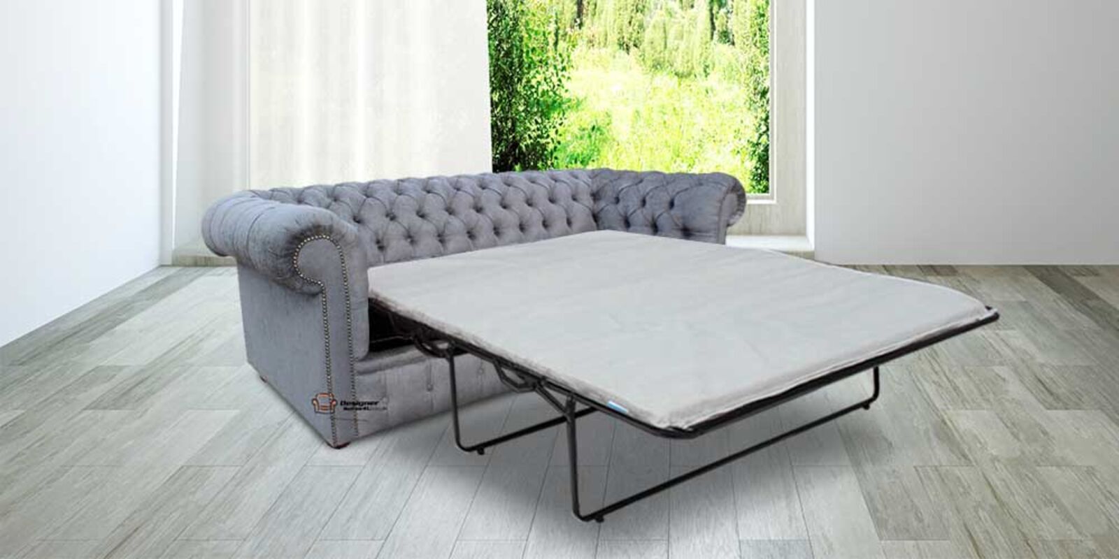 Product photograph of Best Pull Out Sofa Bed Sale In Verity Plain Steel Fabric Chesterfield 3 Seater from Designer Sofas 4U