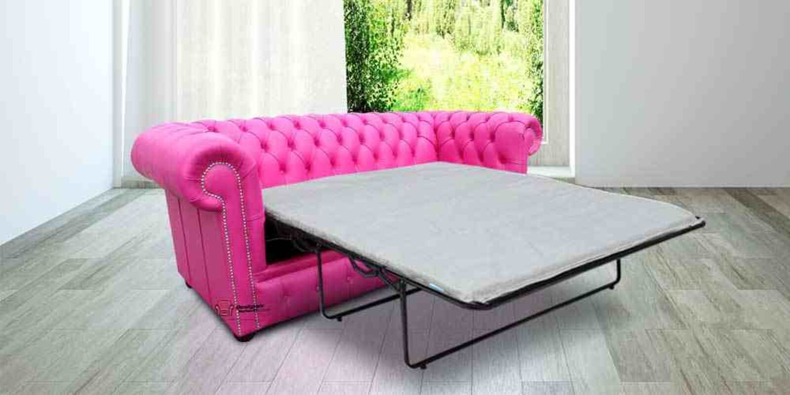 Product photograph of Pull Out Sofa Bed Sale In Fuchsia Pink Leather Chesterfield 3 Seater from Designer Sofas 4U