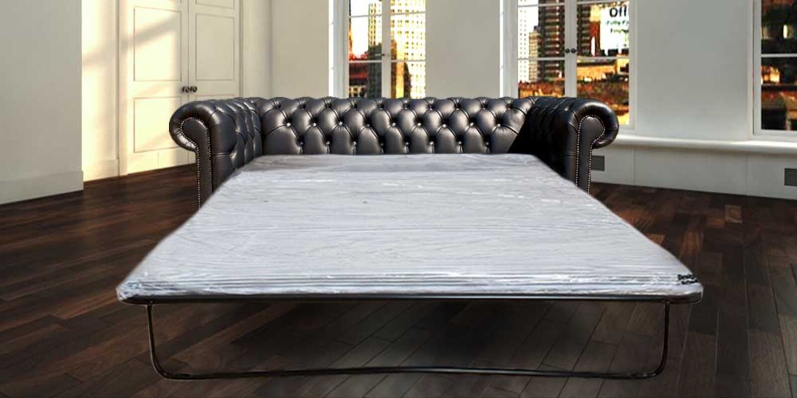 Product photograph of Chesterfield 3 Seater Crystallized Diamond Black Leather Sofabed Offer from Designer Sofas 4U