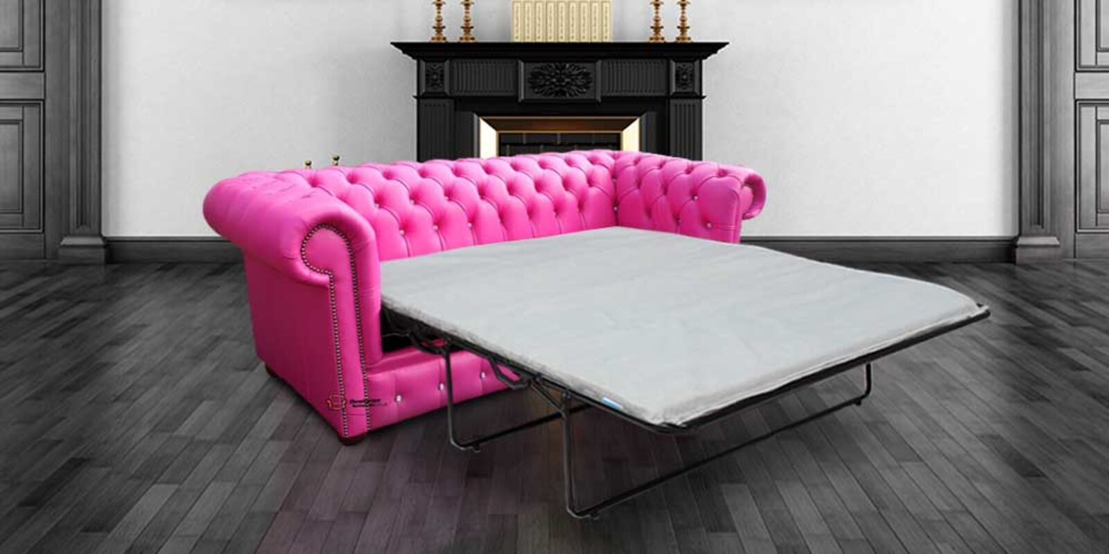 Product photograph of Chesterfield 3 Seater Crystallized Diamond Fuchsia Pink Leather Sofabed Offer from Designer Sofas 4U