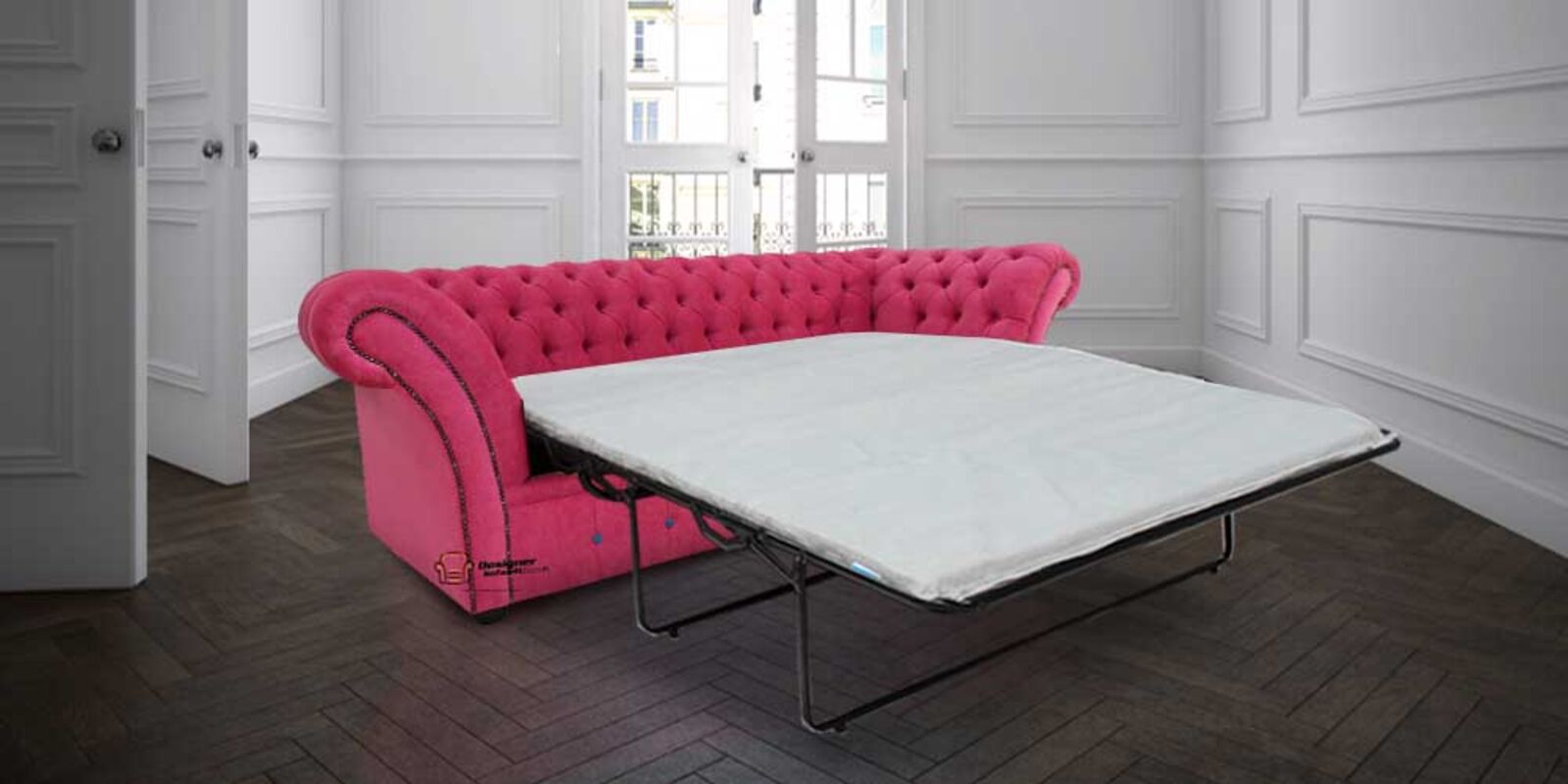 Product photograph of Chesterfield Balmoral 3 Seater Sofabed Settee Azzuro Fuchsia Pink Red Fabric from Designer Sofas 4U