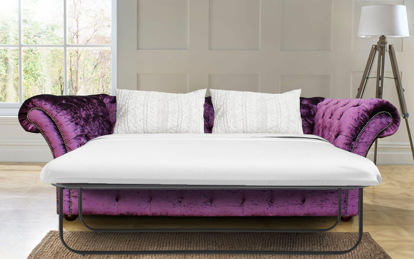 Product photograph of Chesterfield Calvert Purple 3 Seater Sofabed Settee Boutique Crush Velvet Fabric from Designer Sofas 4U