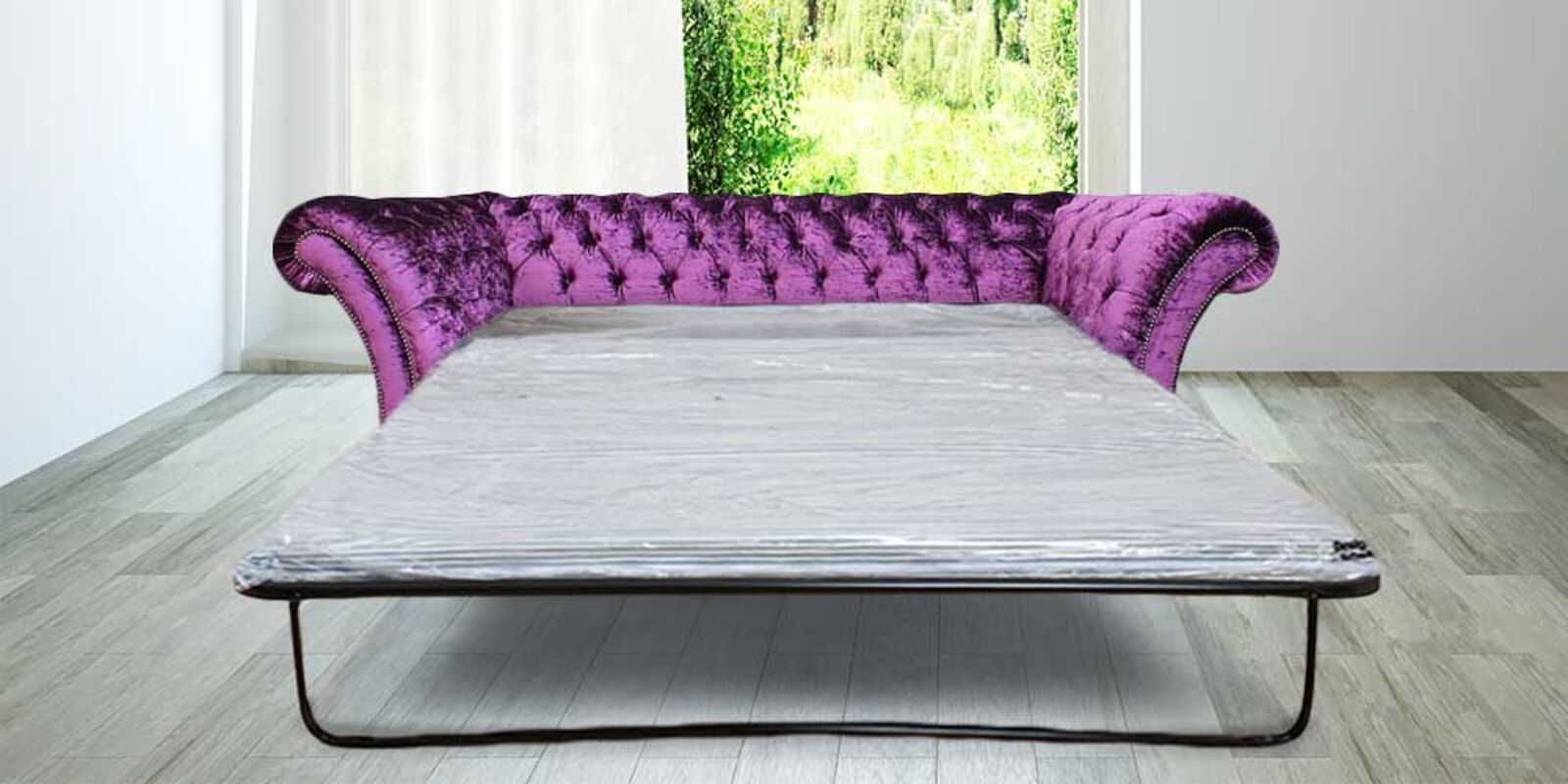 Product photograph of Chesterfield Cambridge Purple 3 Seater Sofabed Settee Boutique Crush Velvet Fabric from Designer Sofas 4U