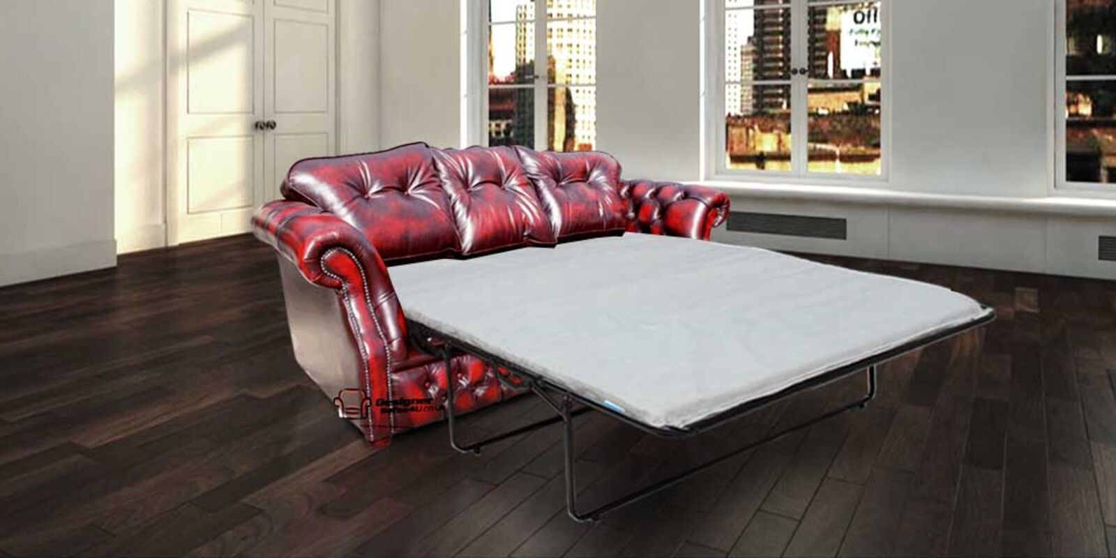Product photograph of Era 3 Seater Pull Out Sofa Bed In Traditional Chesterfield Antique Oxblood Red Leather from Designer Sofas 4U