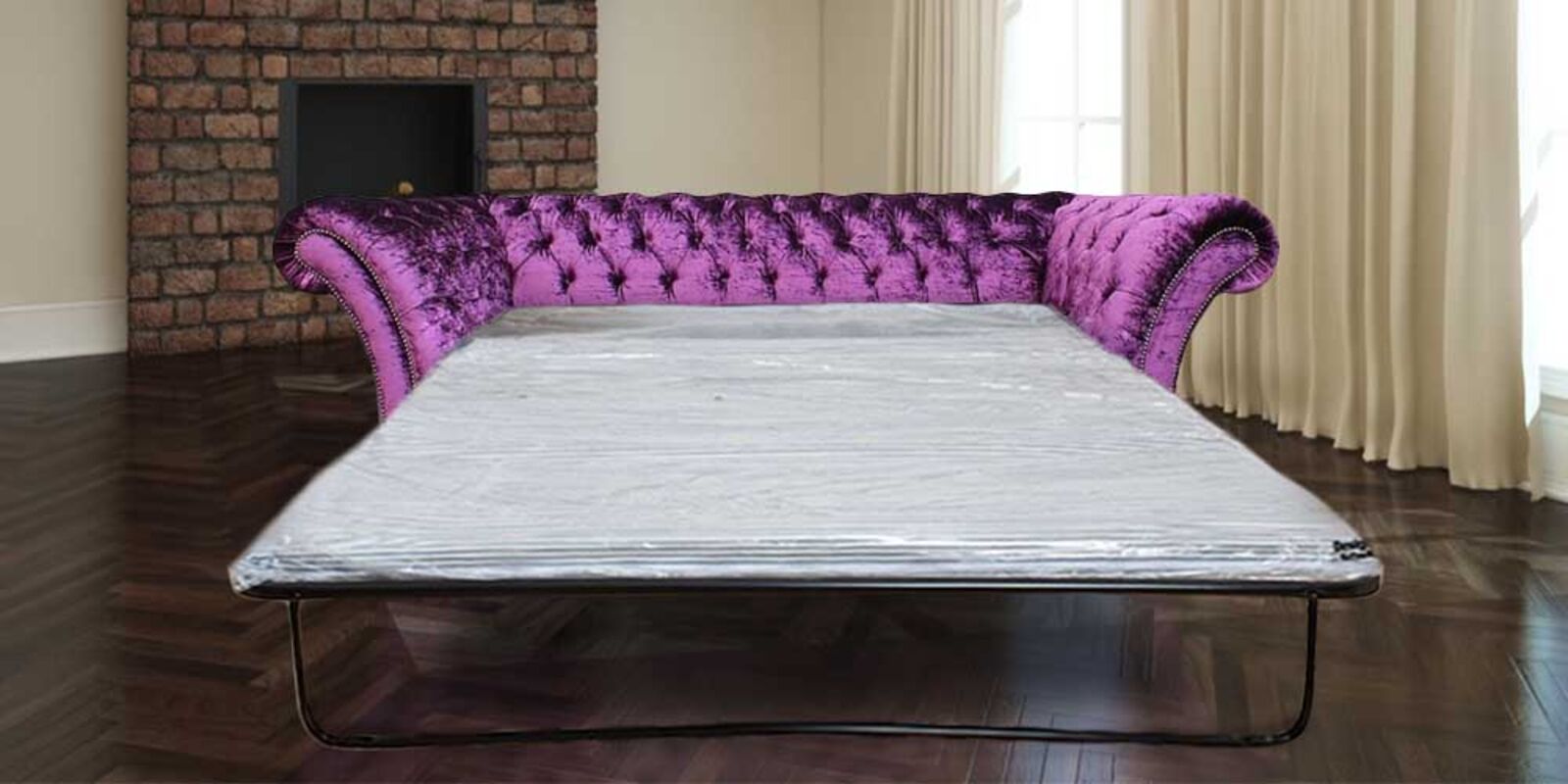 Product photograph of Pull Out Sofa Bed In Boutique Crush Purple Velvet Fabric Chesterfield Grosvenor 3 Seater from Designer Sofas 4U