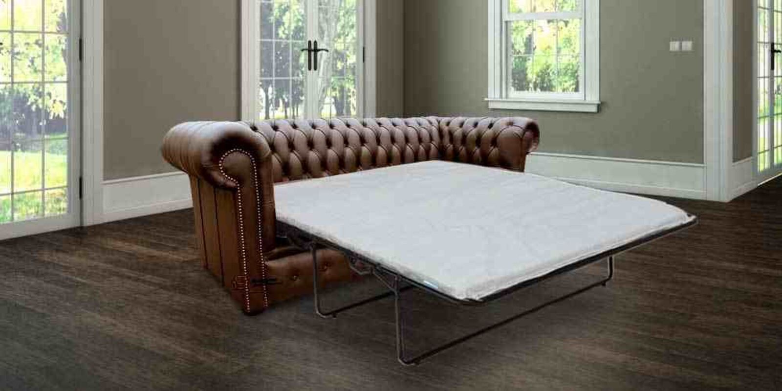 Product photograph of Chesterfield Pull Out Sofa Bed In Antique Brown Real Leather London 3 Seater from Designer Sofas 4U