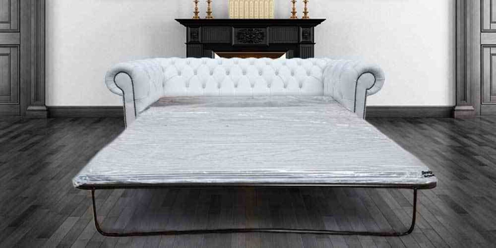 Product photograph of Pull Out Sofa Bed Double In Chesterfield Crystal Diamond White Real Leather from Designer Sofas 4U