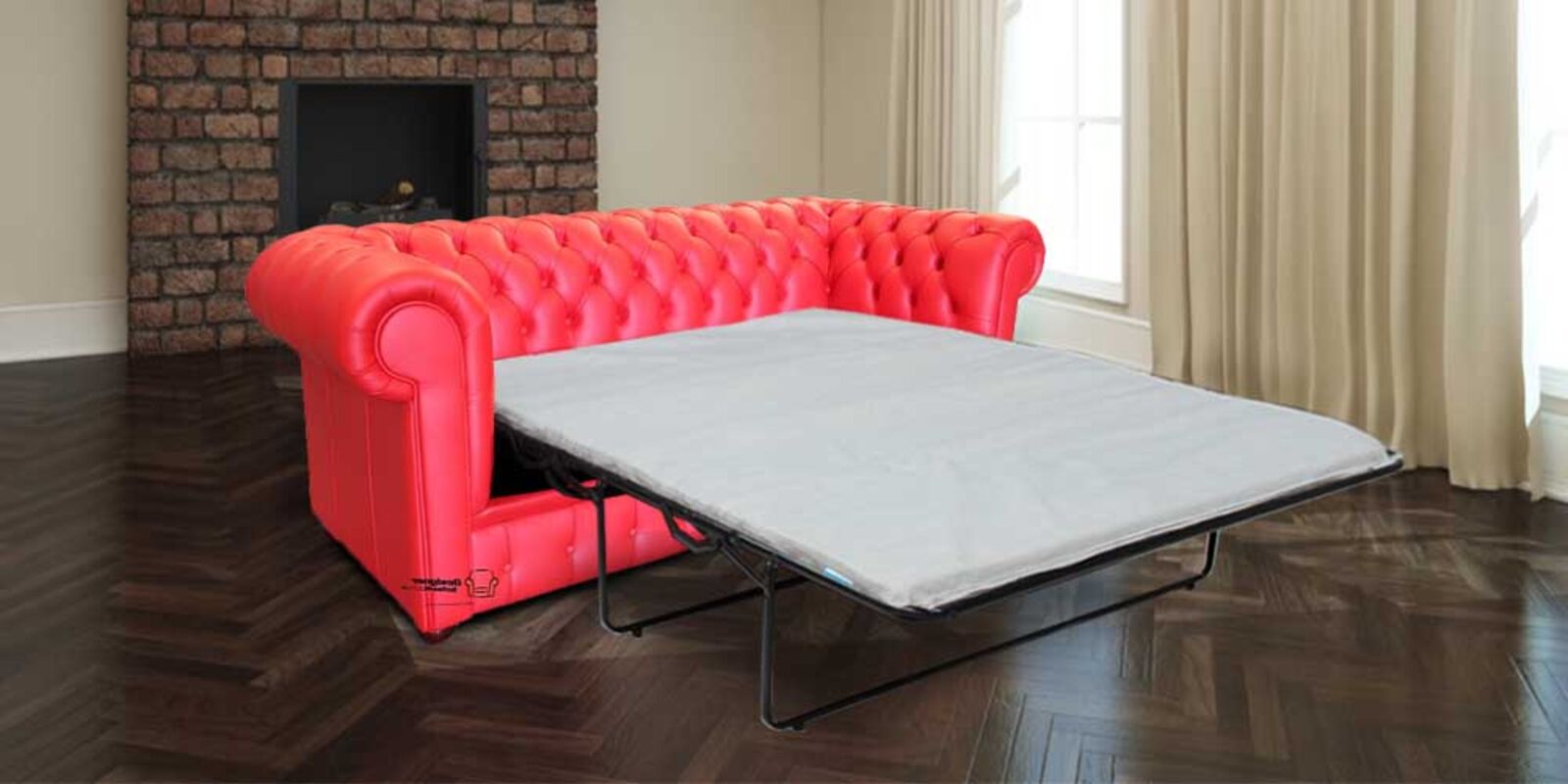 Product photograph of Best Pull Out Sofa Bed Sale In Poppy Red Leather Chesterfield Thomas 3 Seater from Designer Sofas 4U