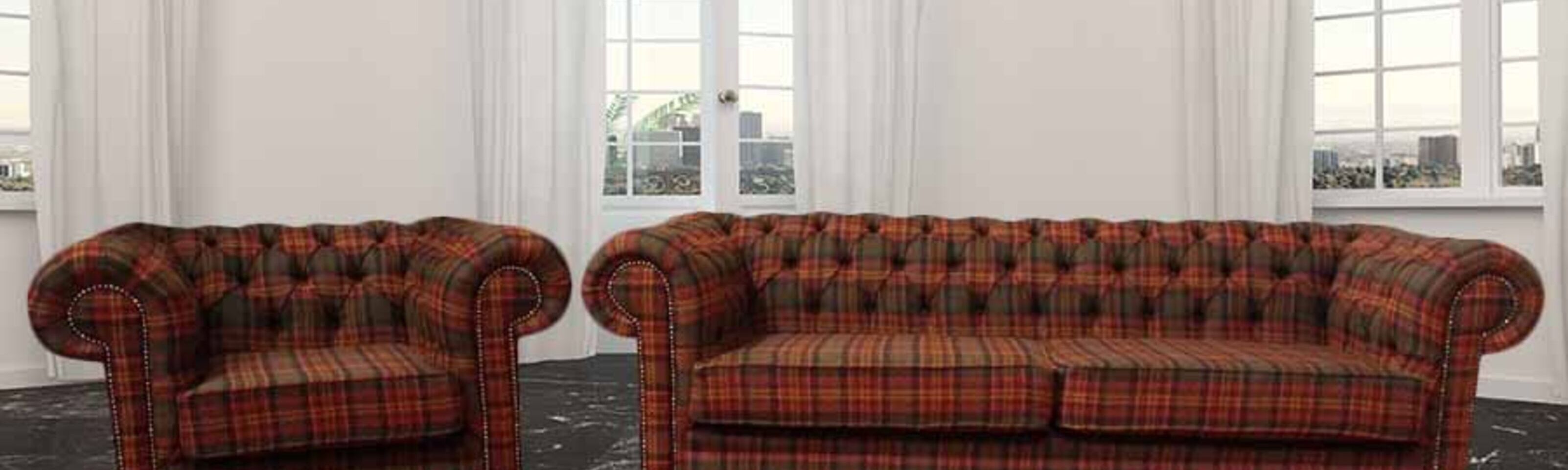 Chesterfield Arnold Wool 3 Seater Sofa Settee + Club Chair Tweed Sandringham Mandarin Check Fabric