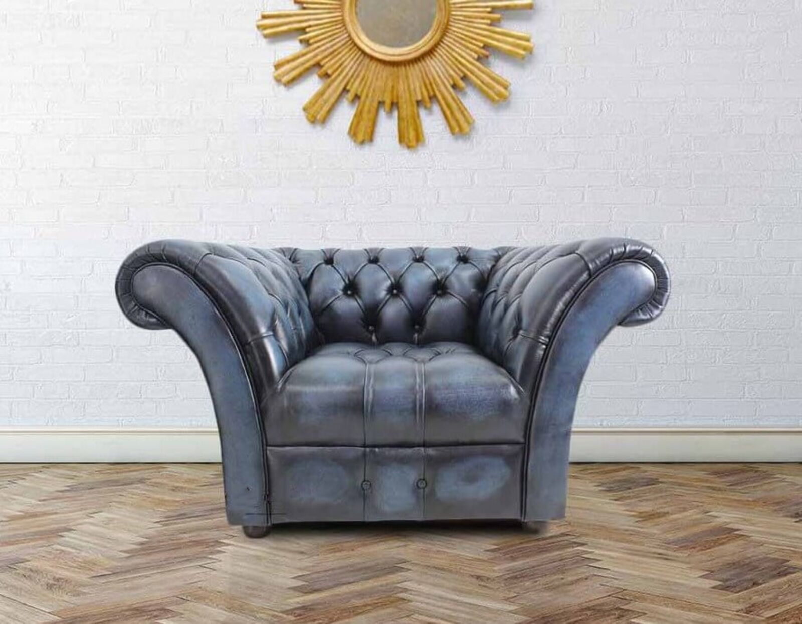 Product photograph of The Scholar Chesterfield Buttoned Base Armchair Antique Blue Leather Piped Facing from Designer Sofas 4U