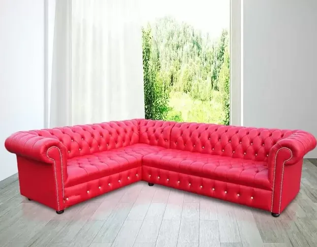 Chesterfield Corner Group Unit Sofa Crystal Diamante Buttoned Red Leather Sofa