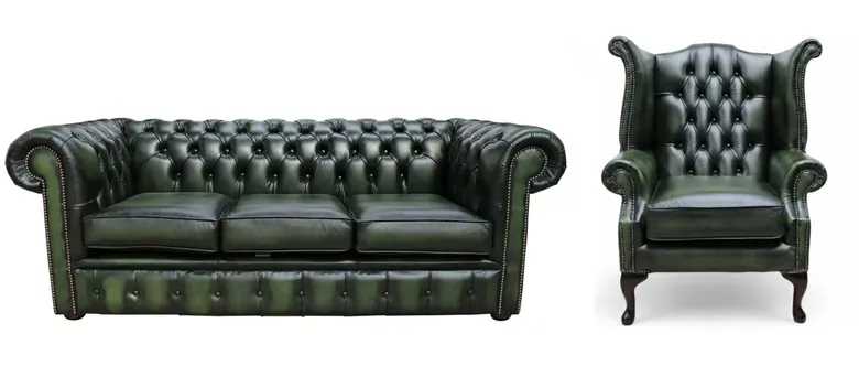 Chesterfield London 3 Seater + Queen Anne Wing Chair Sofa Suite Antique Green