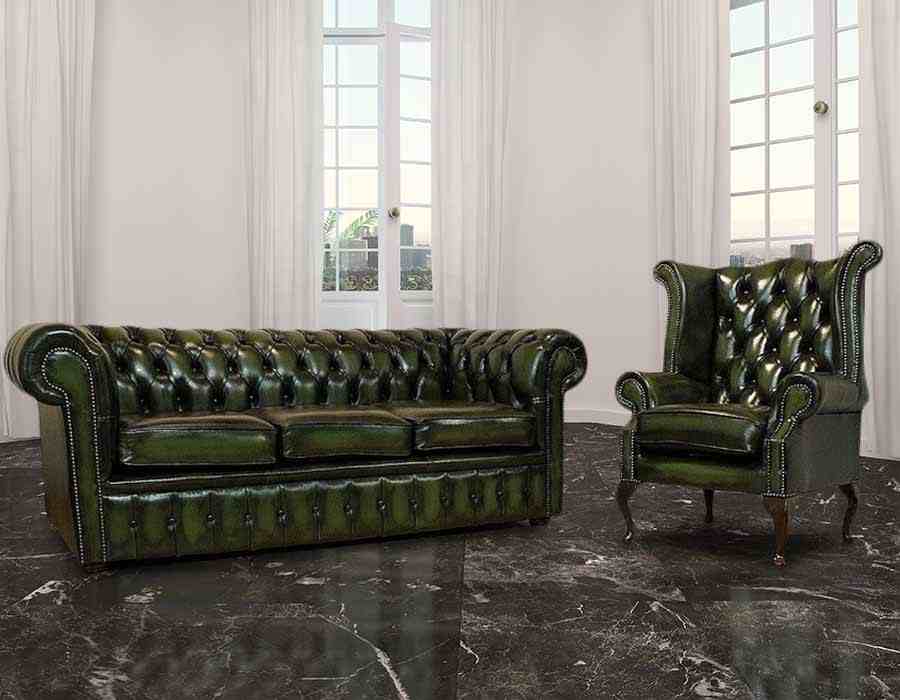 Queen Anne Chair Antique Green Real, Queen Anne Leather Sofa