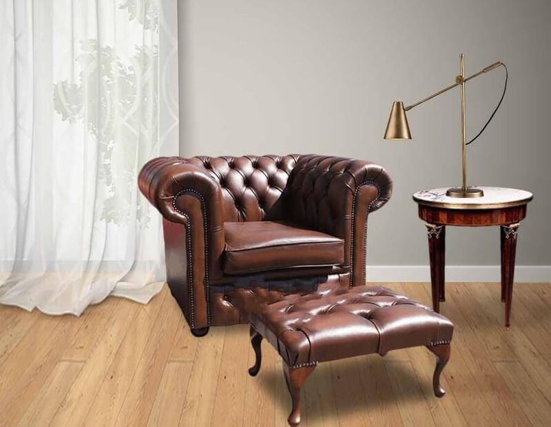 Product photograph of Chesterfield Low Back Armchair Antique Tan Leather Sofa Footstool from Designer Sofas 4U