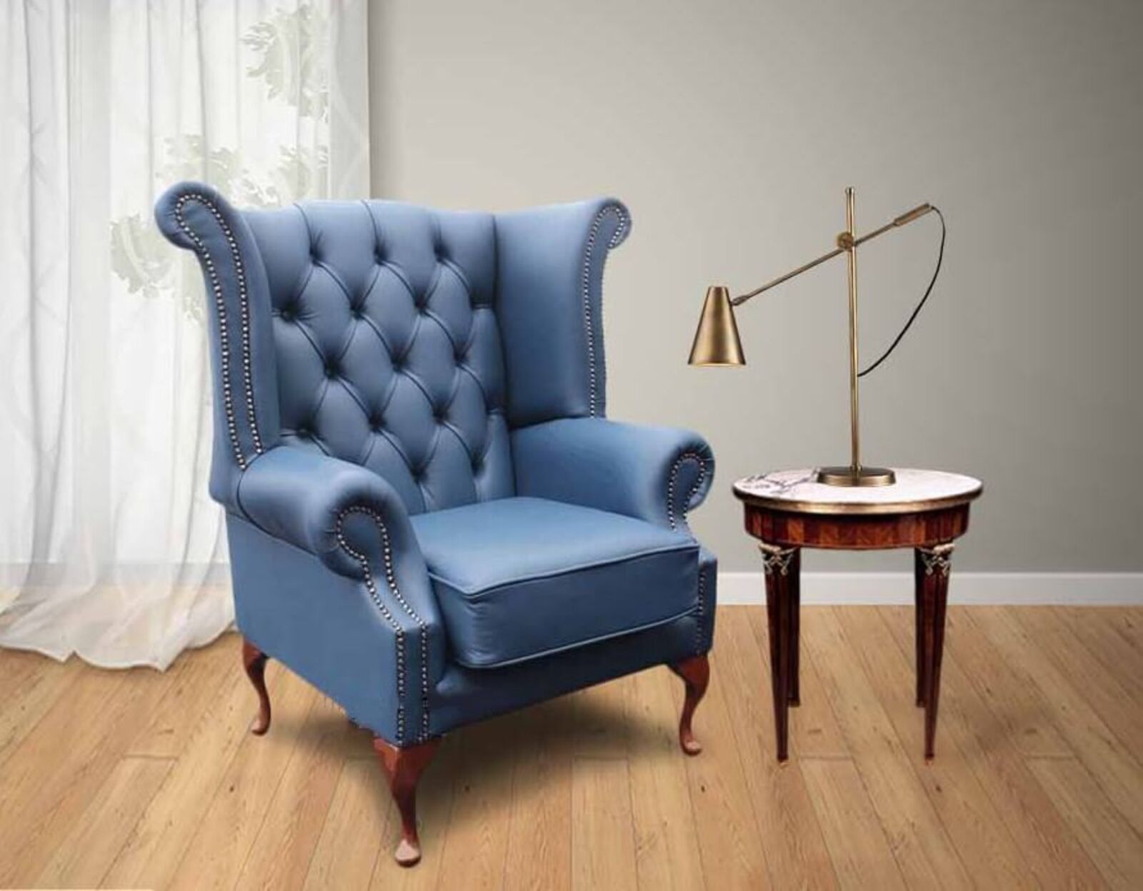 Product photograph of Chesterfield Queen Anne High Back Wing Chair Uk Manufactured Majolica Blue Leather from Designer Sofas 4U