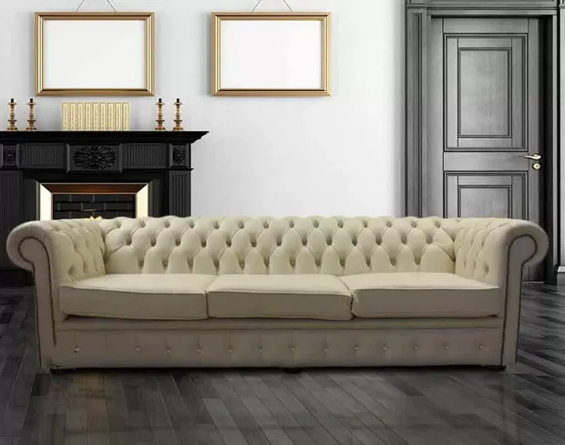 Chesterfield Crystal Diamond 4 Seater Leather Sofa Cream Leather Offer