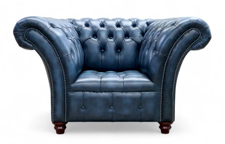 Luxury Chesterfield Balmoral Blue Leather Buttoned Armchair – Tufted Back, Nailhead Trim