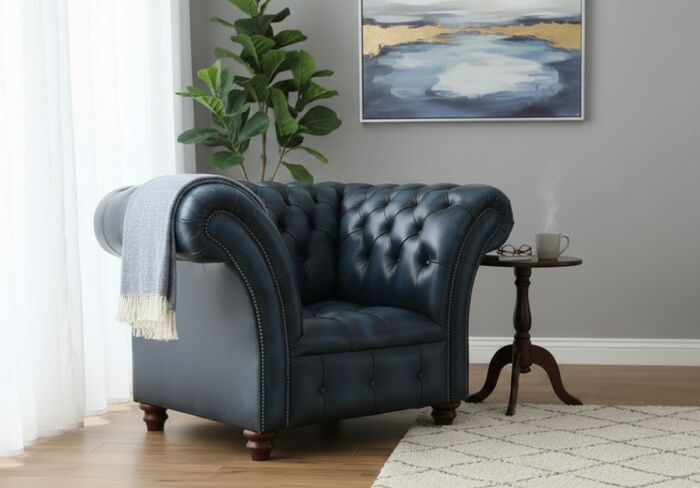 Luxury Chesterfield Balmoral Blue Leather Buttoned Armchair – Tufted Back, Nailhead Trim