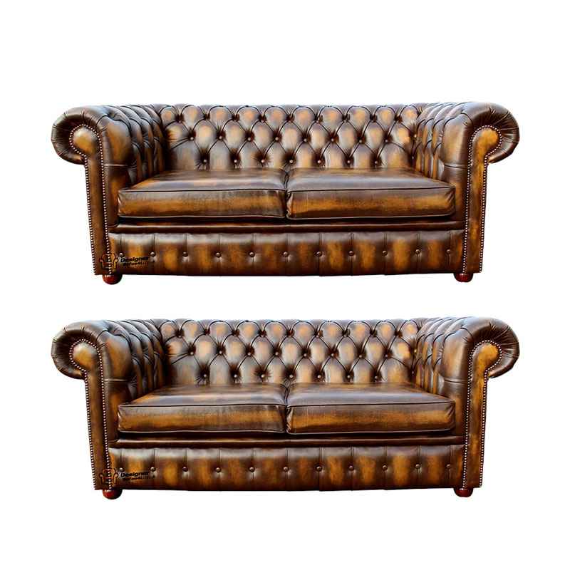 Product photograph of Chesterfield 2 2 Leather Sofa Offer Antique Gold from Designer Sofas 4U