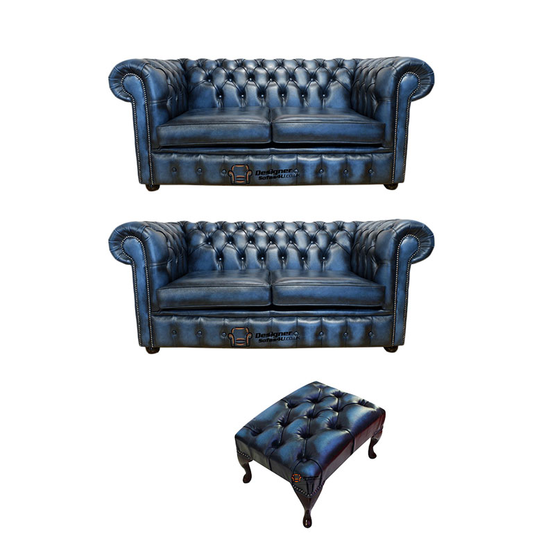 Product photograph of Chesterfield 2 2 Footstool Leather Sofa Offer Antique Blue Leather from Designer Sofas 4U