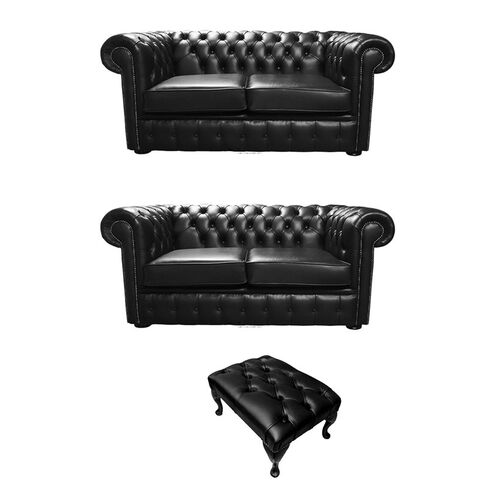 Chesterfield 2+2+Footstool Old English Black Leather Sofa Offer