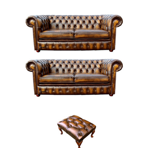 Chesterfield 2+2+Footstool Leather Sofa Offer Antique Gold Leather