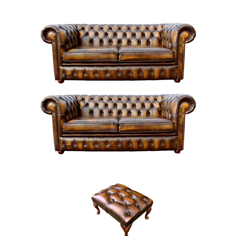 Product photograph of Chesterfield 2 2 Footstool Leather Sofa Offer Antique Gold Leather from Designer Sofas 4U