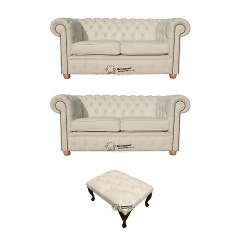 Chesterfield 2+2+Footstool Leather Sofa Offer Cottonseed Cream Leather