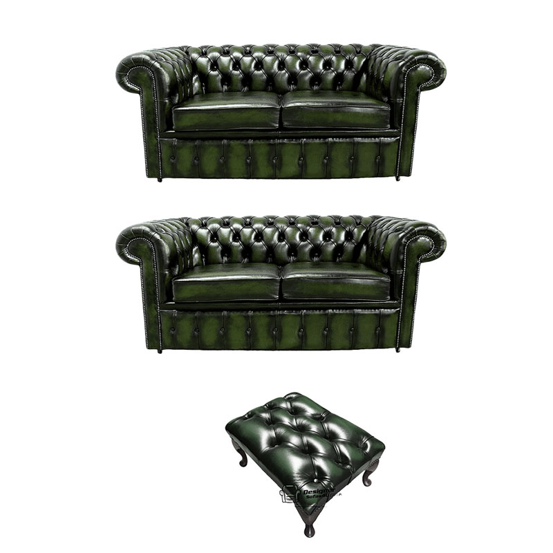 Product photograph of Chesterfield 2 2 Footstool Leather Sofa Offer Antique Green Leather from Designer Sofas 4U