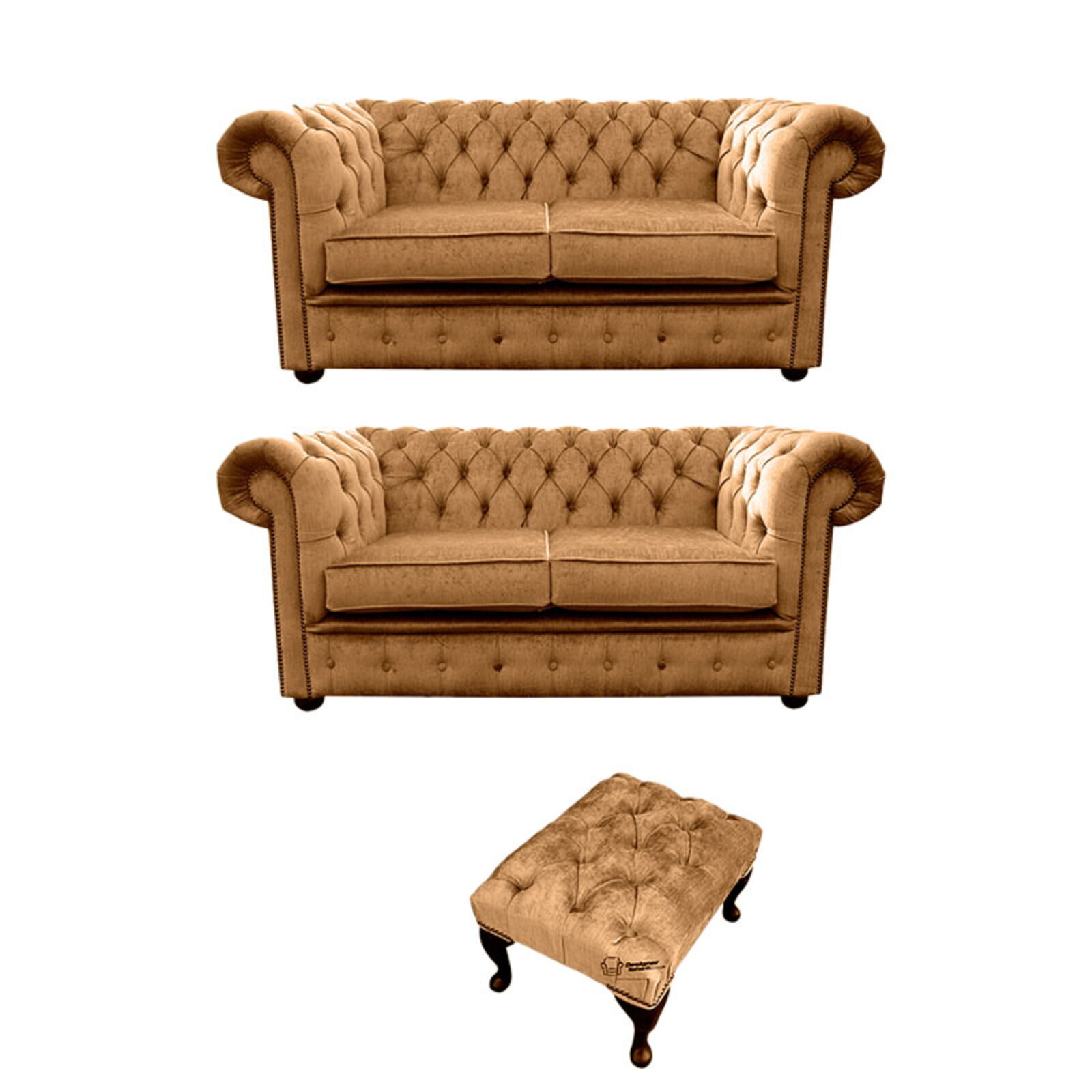 Product photograph of Chesterfield 2 Seater 2 Seater Footstool Settee Harmony Gold Velvet Sofa Suite Offer from Designer Sofas 4U