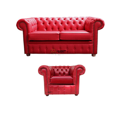 Chesterfield 2 Seater + Club Chair Old English Gamay Red Leather Sofa Offer