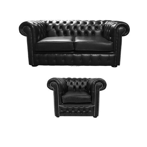 Chesterfield 2 Seater + Club Chair Old English Black Leather Sofa Offer