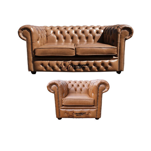 Chesterfield 2 Seater + Club Chair Old English Tan Leather Sofa Offer