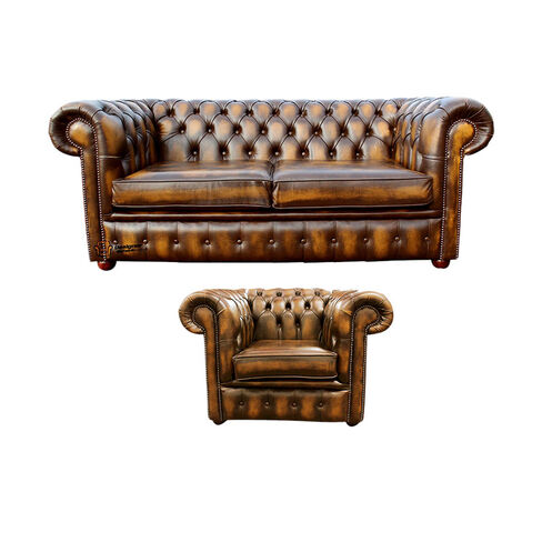 Chesterfield 2 Seater Sofa + Club Chair Leather Sofa Suite Offer Antique Gold