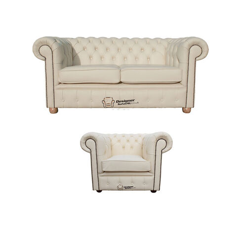 Chesterfield 2 Seater Sofa + Club Chair Leather Sofa Suite Offer Cottonseed Cream