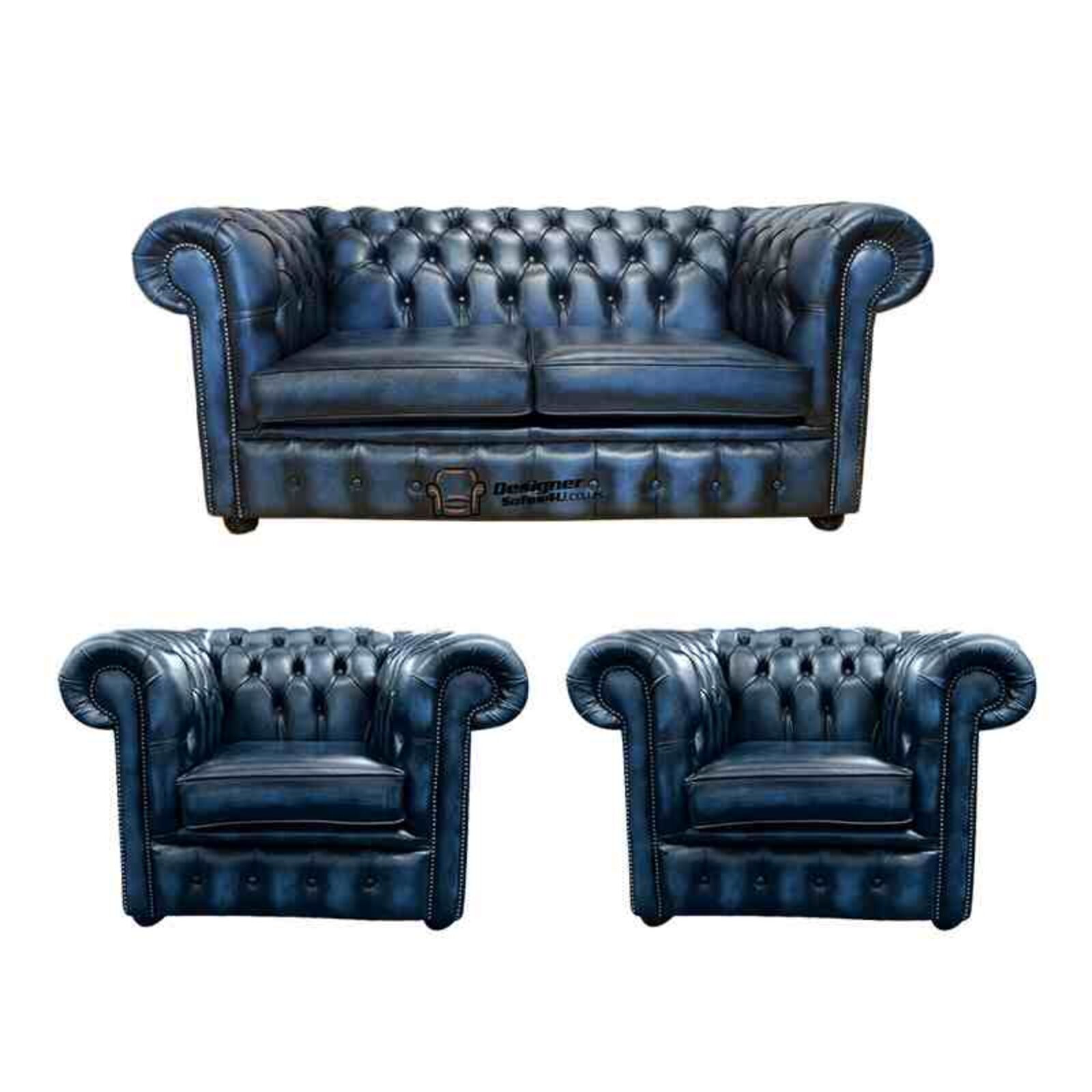 Product photograph of Chesterfield 2 Seater Sofa 2 X Club Chairs Leather Sofa Suite Offer Antique Blue from Designer Sofas 4U