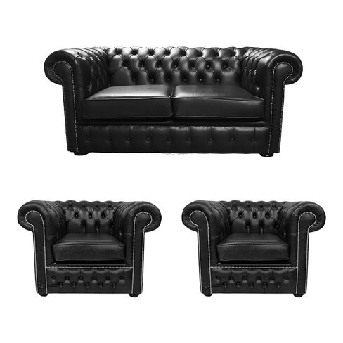 Chesterfield 2 Seater Sofa + 2 x Club Chairs Old English Black Leather Sofa Offer