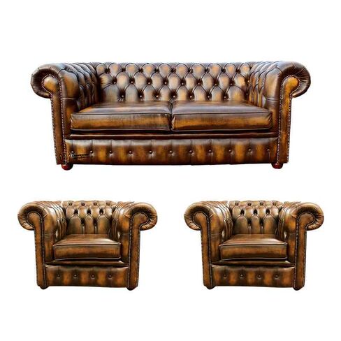 Chesterfield 2 Seater Sofa + 2 x Club Chairs Leather Sofa Suite Offer Antique Gold