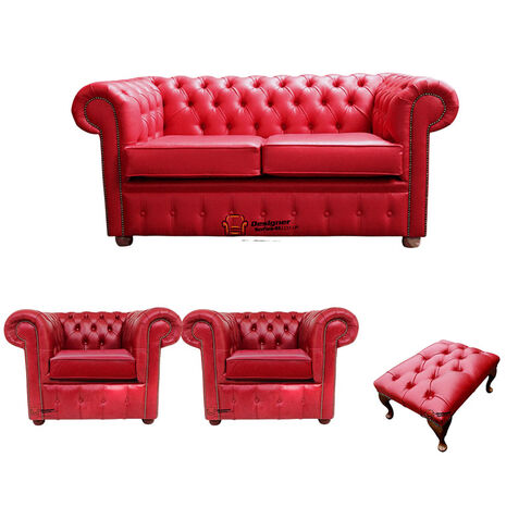 Chesterfield 2 Seater Sofa + 2 x Club Chairs + Footstool Old English Gamay Red Leather Sofa Offer