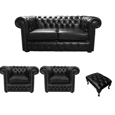 Chesterfield 2 Seater Sofa + 2 x Club Chairs + Footstool Old English Black Leather Sofa Offer