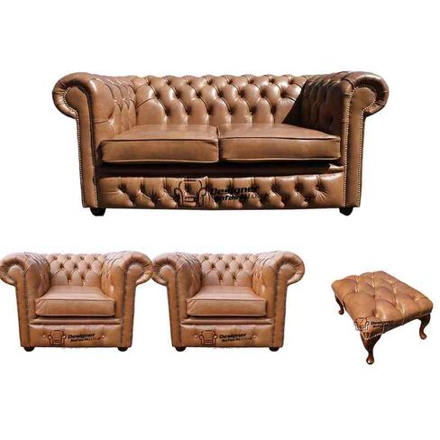 Chesterfield 2 Seater Sofa + 2 x Club Chairs + Footstool Old English Tan Leather Sofa Offer