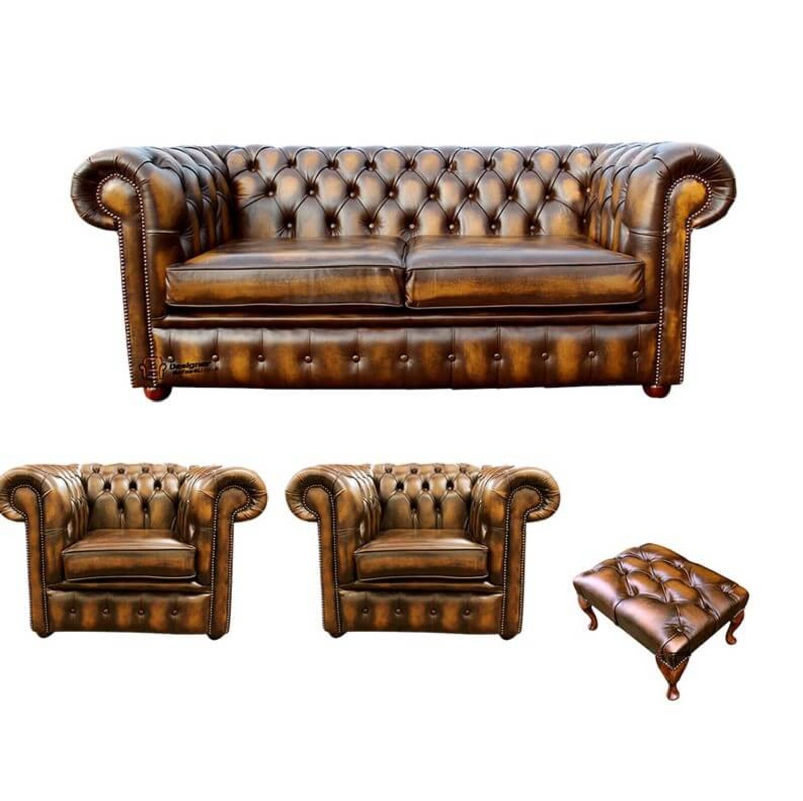 Product photograph of Chesterfield 2 Seater Sofa 2 X Club Chairs Footstool Leather Sofa Suite Offer Antique Gold from Designer Sofas 4U