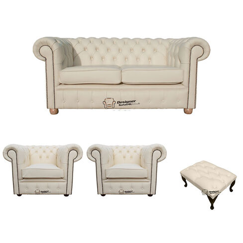 Chesterfield 2 Seater Sofa + 2 x Club Chairs + Footstool Leather Sofa Suite Offer Cottonseed Cream