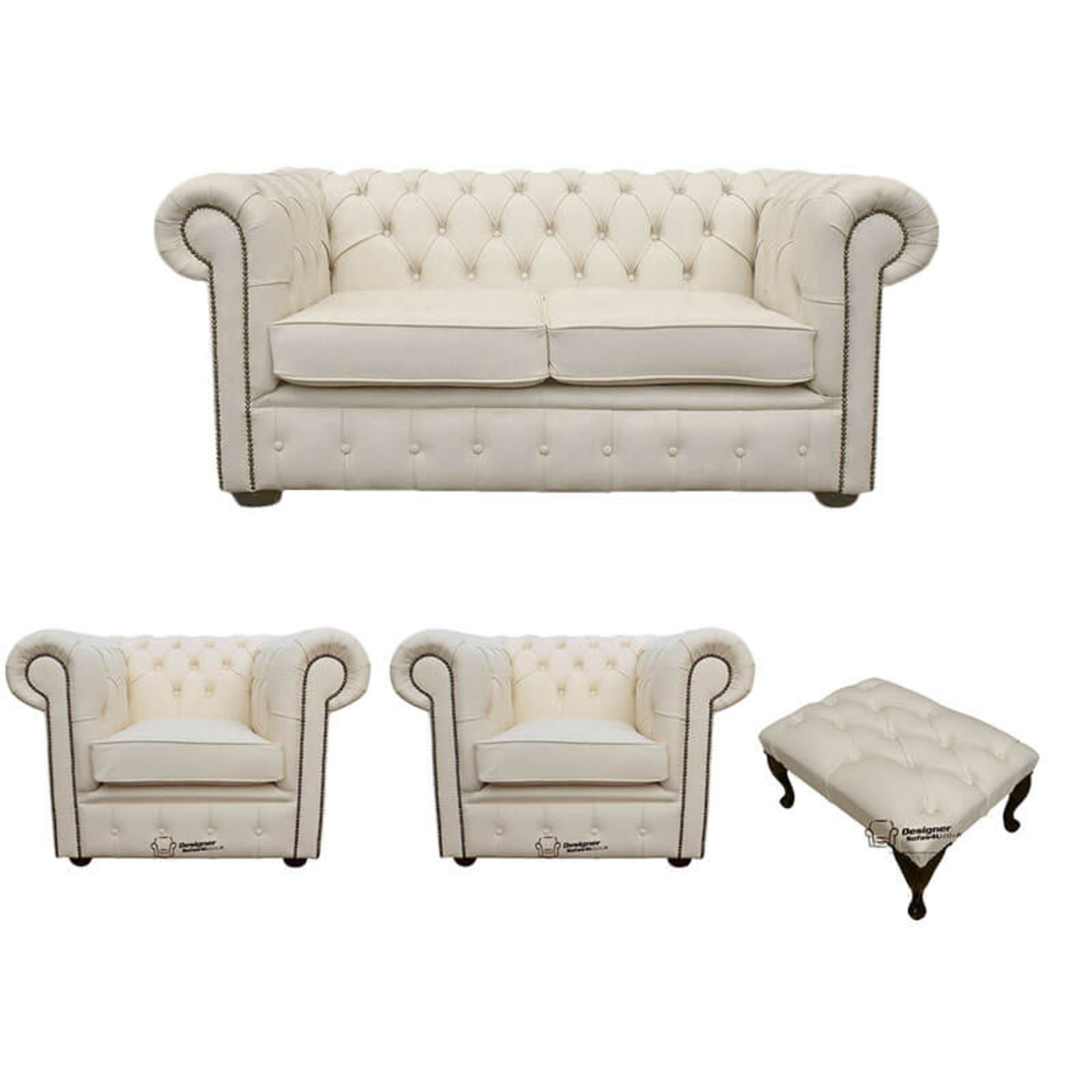 Product photograph of Chesterfield 2 Seater Sofa 2 X Club Chairs Footstool Leather Sofa Suite Offer Ivory from Designer Sofas 4U
