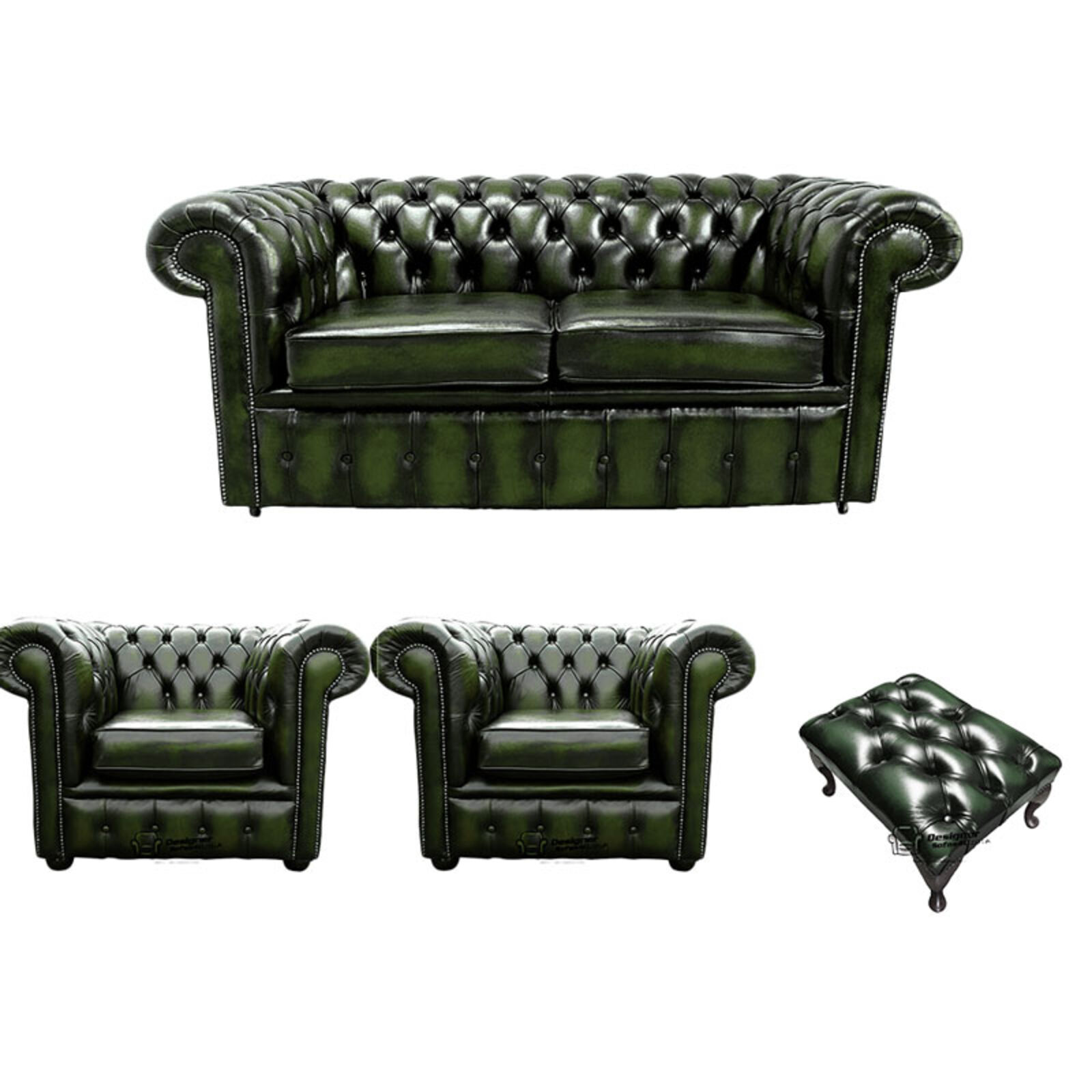 Product photograph of Chesterfield 2 Seater Sofa 2 X Club Chairs Footstool Leather Sofa Suite Offer Antique Green from Designer Sofas 4U