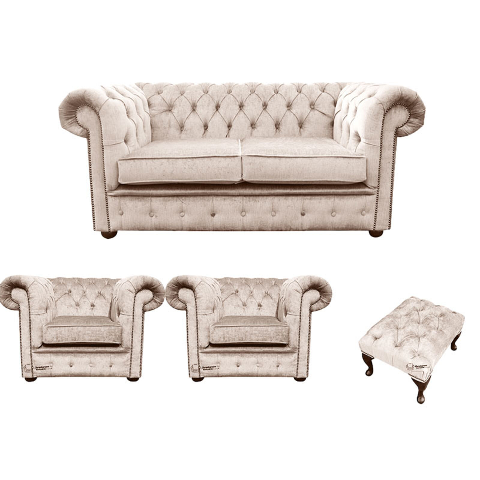 Product photograph of Chesterfield 2 Seater 2 X Club Chairs Footstool Harmony Ivory Velvet Sofa Suite Offer from Designer Sofas 4U