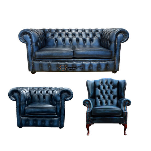 Chesterfield 2 Seater Sofa + Club Chair + Mallory Wing Chair Leather Sofa Suite Offer Antique Blue