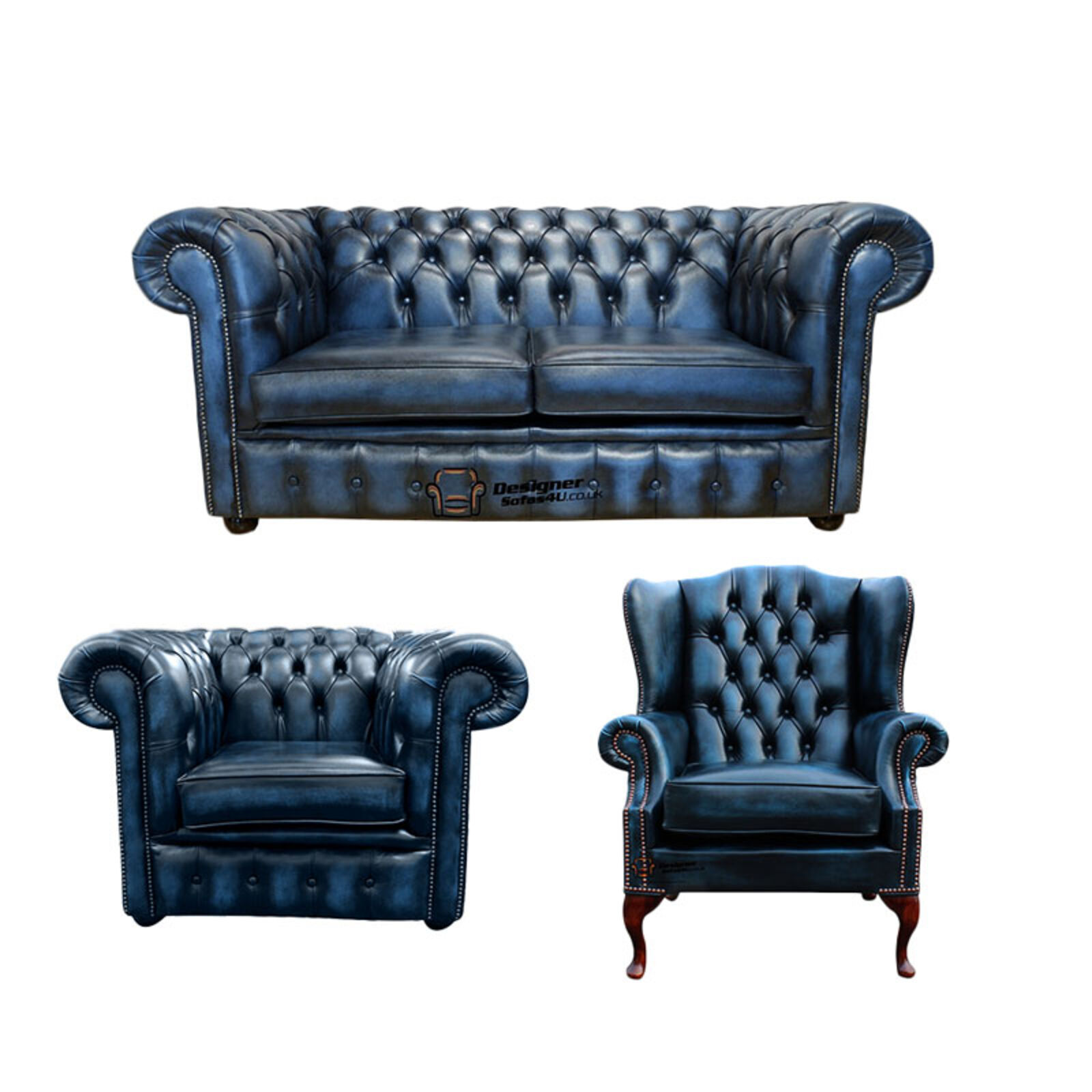 Product photograph of Chesterfield 2 Seater Sofa Club Chair Mallory Wing Chair Leather Sofa Suite Offer Antique Blue from Designer Sofas 4U