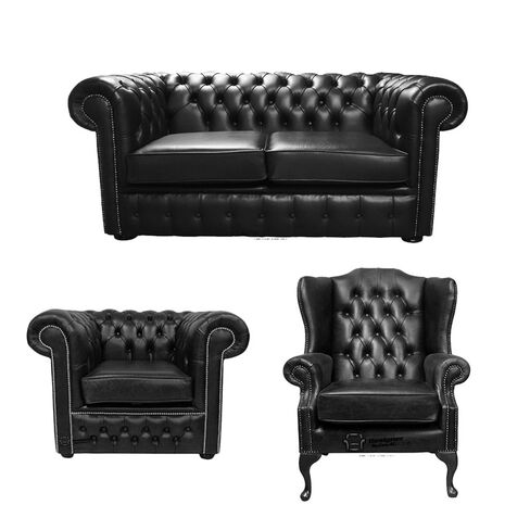 Chesterfield 2 Seater Sofa + Club Chair + Mallory Wing Chair Old English Black Leather Sofa Offer