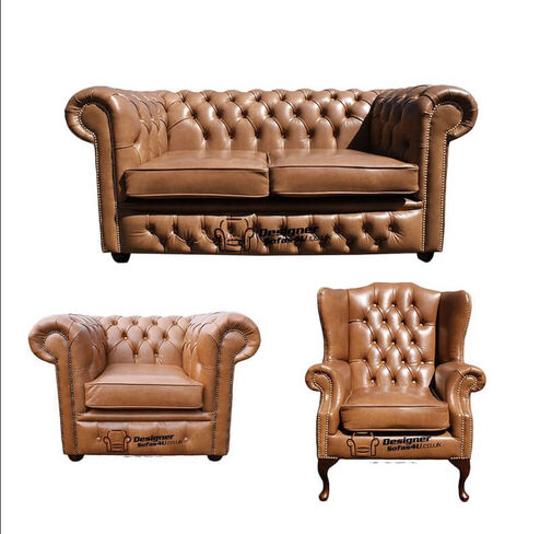 Chesterfield 2 Seater Sofa + Club Chair + Mallory Wing Chair Old English Tan Leather Sofa Offer